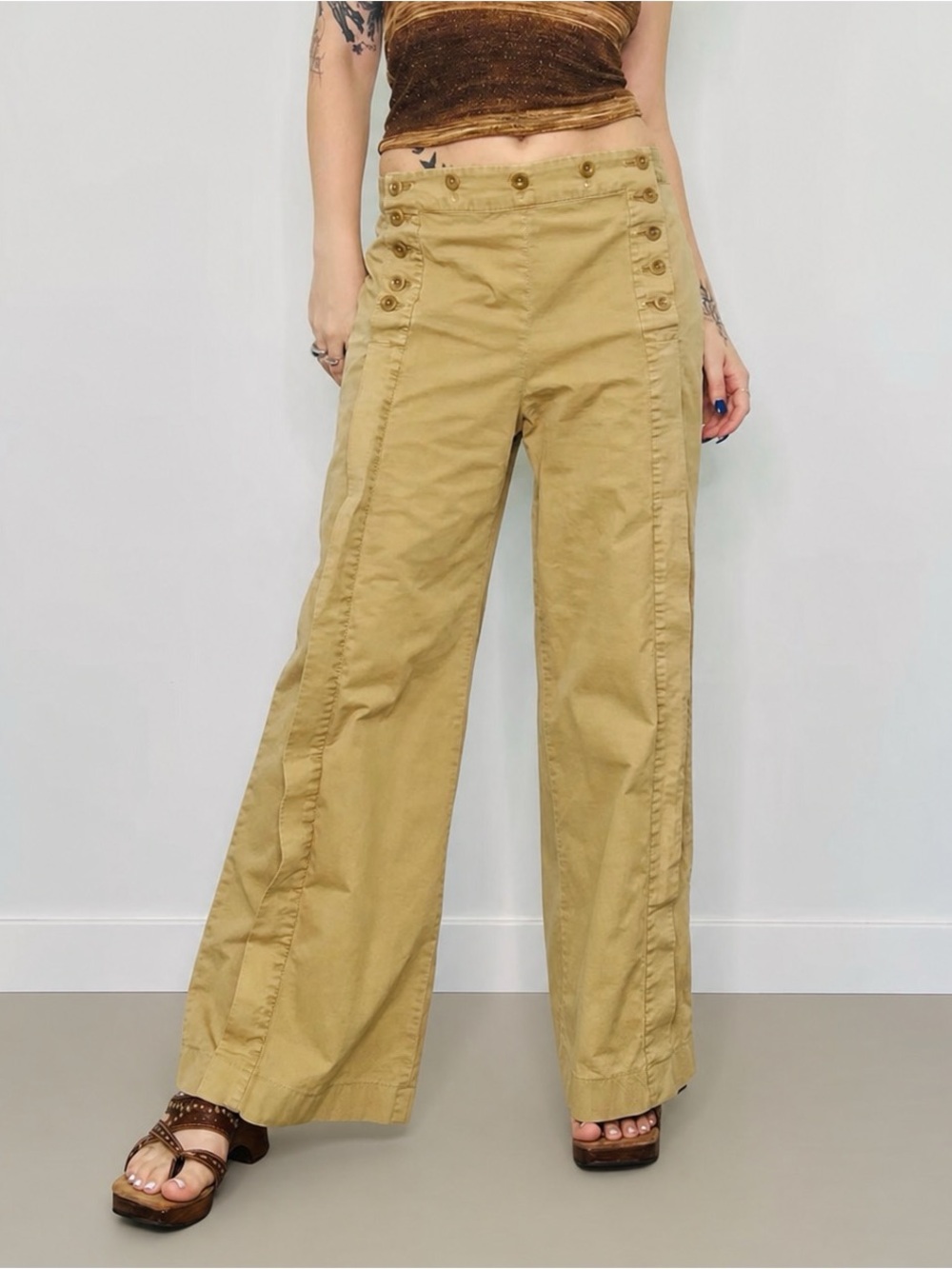 J.Crew Button Front Wide Leg Sailor Chino Trousers Pants Tan LaceUp Back Size 10